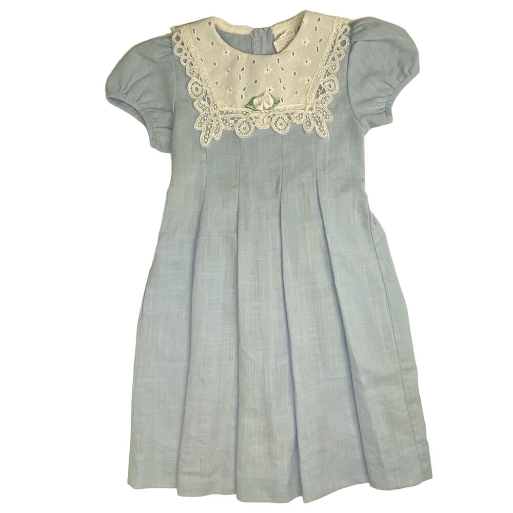 Peaches & Cream Girls Dress Blue w/White Eyelet Lace Collar Pleated Skirt Size 5